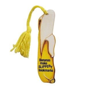 Vintage 70s Slippery Banana Bookmark, yellow yarn tassel, 1977 USA Antioch H-196